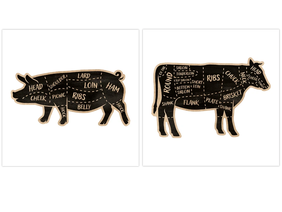 COUNTRY SIDE PRODUCTS Butcher's Cut Chart Metal Sign - Pig Pork / Cow Beef Farmhouse Country Kitchen
