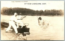 LISKEARD ONT. CANADA FISHING EXAGGERATED ANTIQUE REAL PHOTO POSTCARD RPPC