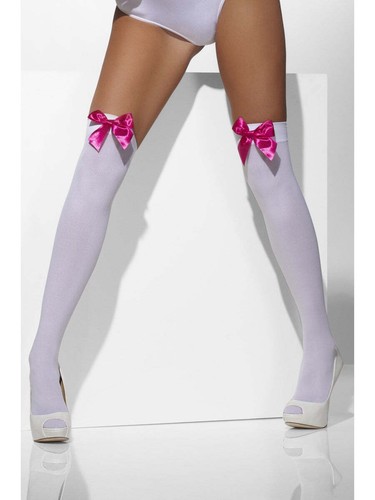 Mujer Medias Blanco Con Lazo Rosa por encima de la Rodilla Disfraz Talla Única - Imagen 2 de 3