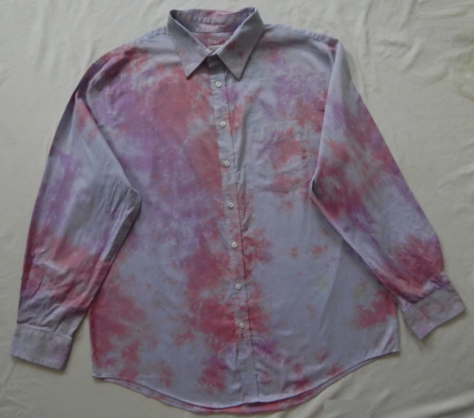 Camisa Tie Dye Rosa Púrpura Azul Manga Larga Abotonada - XL Para Hombre Hecha a Mano Foto 3 de 4
