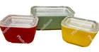 3 VTG Pyrex Refrigerator DishesLids 2 #501  Red Yellow, 1 #502 Aqua Turquoise