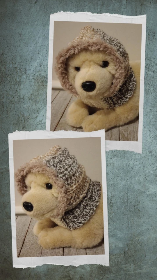 crochet handmade dog pet hood hat snood small medium breed crossword brown - Image 2 of 4