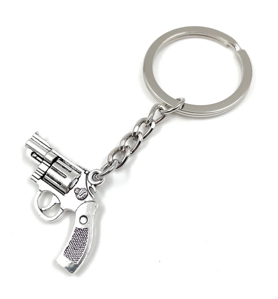Portachiavi Argento Metallo Revolver Pistola Gun Crime Ciondolo - Immagine 2 di 4