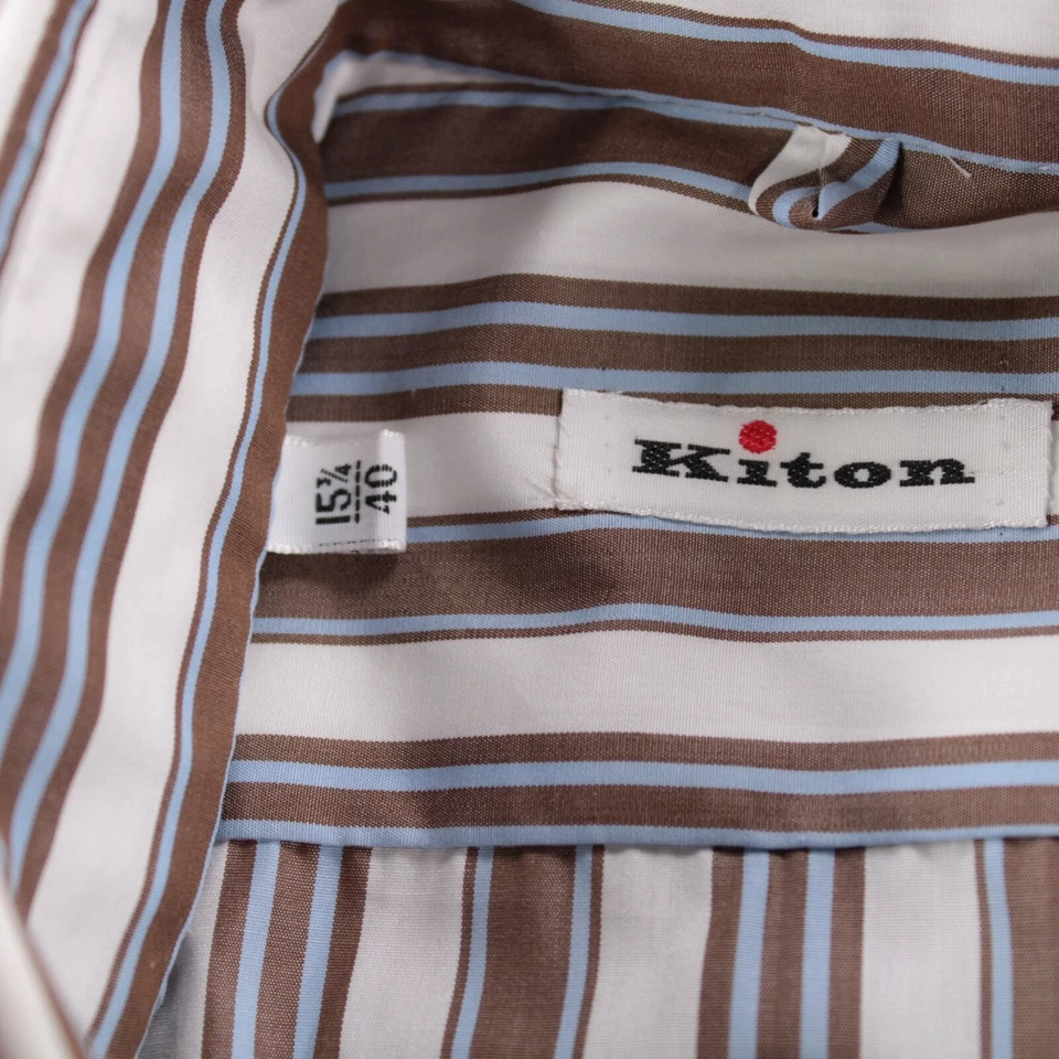 Camisa de vestir Kiton nueva con etiquetas talla 15,75 40 marrón con rayas blancas azules 100 % algodón Foto 2 de 4