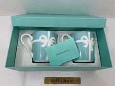 [NEW] TIFFANY & CO Bow Ribbon Bone China Blue Mug Cup 2pc Japan