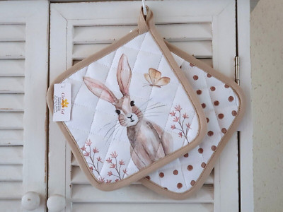 CLAYRE & EEF 2er Set TOPFLAPPEN HASENTRÄUME 20x20cm weiß/beige Baumwolle Shabby