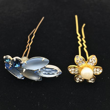 50's Bridal Hair Pins, One SilverTone Blue Rhinestone  One GoldTone Rhinestone