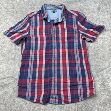 Toad & Co Shirt Mens M Blue Red Plaid Button Up Short Sleeve Slim Fit Organic
