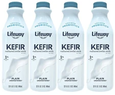 4 Bottles Lifeway Lowfat Milk Plain Kefir 12 Probiotic Culture Size 32 oz 4-pack
