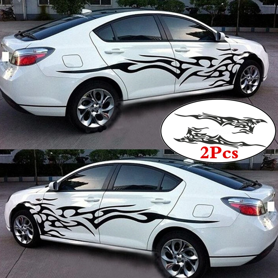 2 piezas calcomanías adhesivas negras con gráficos de llama para decoración de puertas laterales de carrocería de auto rayas de carreras Foto 3 de 4