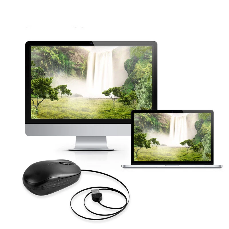 Retractable Wired Mouse Gaming Computer 1000DPI Optical Wired Game USB Black - Image 4 of 4