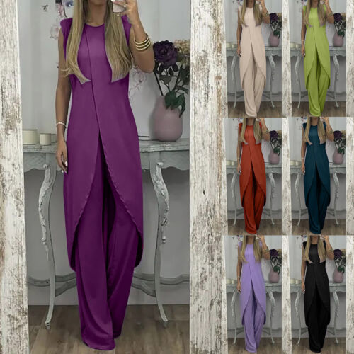 Women's Two Piece Outfit Irregualr Hem Sleeveless Top Split Wide Leg Pants Sets