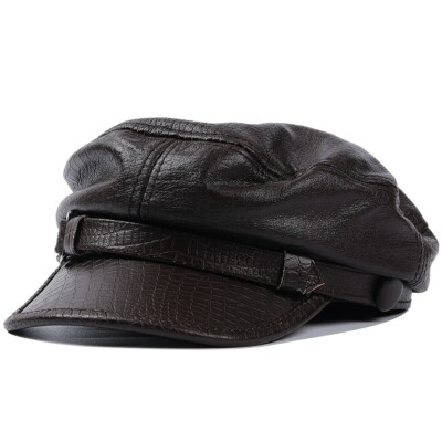 Men's Motorcycle Hat Genuine Cowhide Vintage Captain Flat Top Beret Newsboy Cap