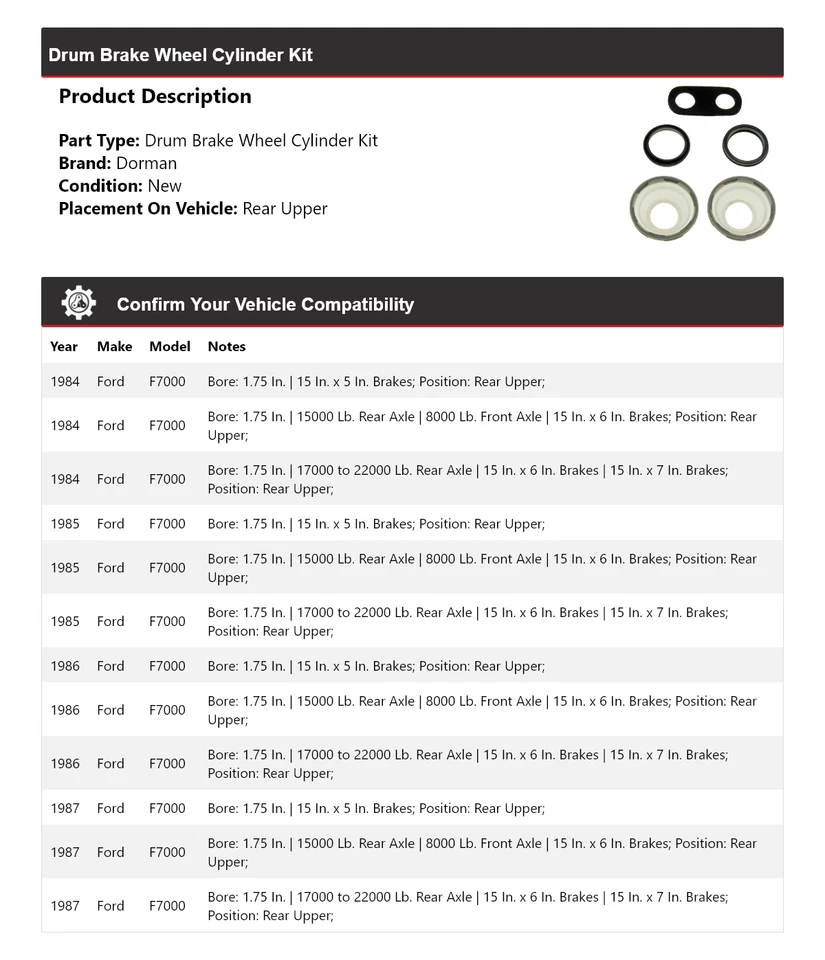 Kit de cilindro de rueda de freno de tambor trasero superior 1985 para Ford F7000 Dorman 1984-1987 Foto 2 de 4