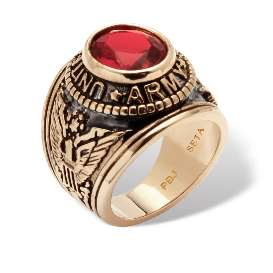 Men's 6 TCW Oval-Cut Simulated Red Ruby Yellow Gold-Plated Army Ring - Image 2 of 4