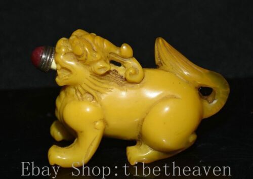 2.8" Old Chinese Yellow Glaze Dynasty Palace Foo Dog Lion Beast Snuff Bottle - Picture 1 of 9