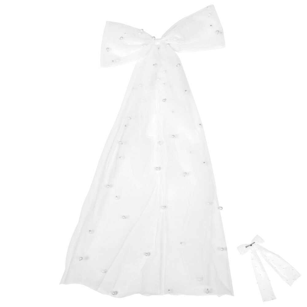 White Pearl Headband Bridal Veil Wedding Hair Bow Clip Bride