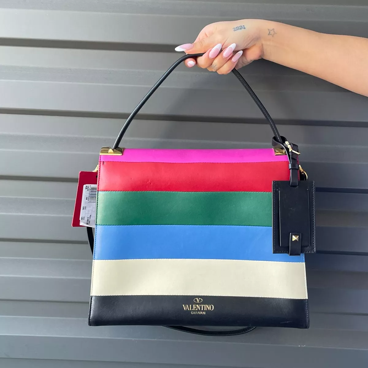 VALENTINO Garavani Multi-Color Striped Leather &#034;My Rock Stud&#034; Satchel Ret $3,545 |