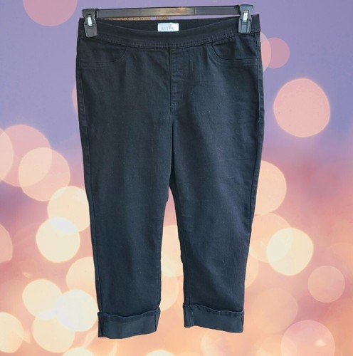 just be... Pantalone jeans donna pull on crop Capri polsini arrotolati nero taglia M - Foto 6 di 7