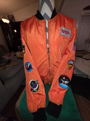 Forever 21 NASA Jacket Mens Lrg Orange Bomber Space Mission Patches USA