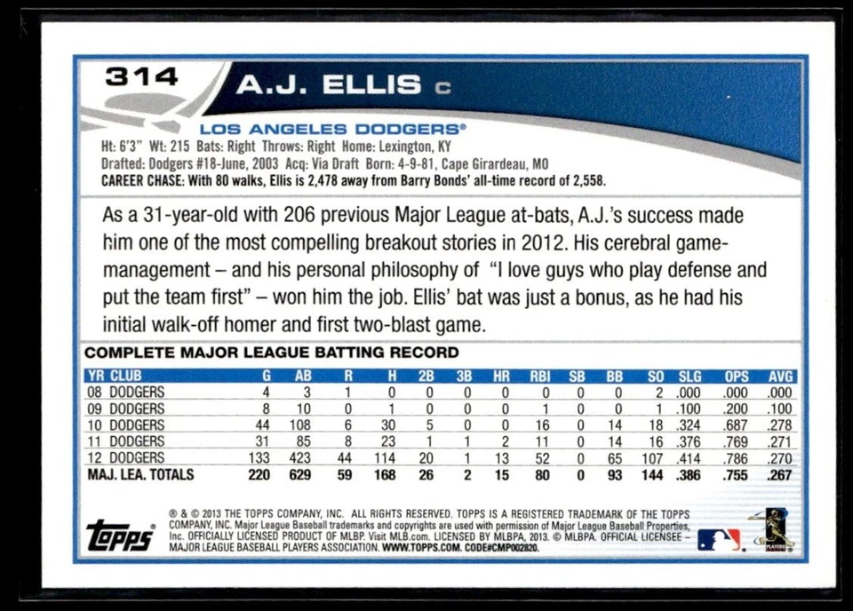 2013 Topps Missing Foil Name A.J. Ellis Los Angeles Dodgers #314 - Image 2 of 2