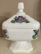 Vintage Consolidated Con Cora Hand Painted Violets Milk Glass Covered Candy