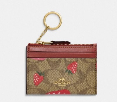 NWT COACH Mini ID Card Case In Canvas Leather With Strawberry