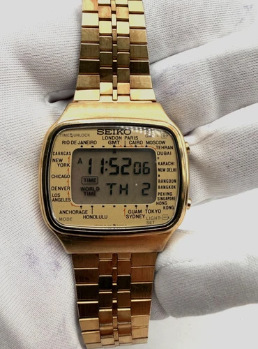 SEIKO A708-5000,World Time, Vintage Gold-Tone Digital, Japan Quartz, Runs AS-IS