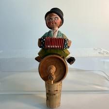 Vintage Hand Carved German Wooden Bottle Stopper Boy on Barrel Accordion Top Hat