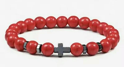 Bracelet en perles rouges avec croix noire – Acier inoxydable – Neuf - Photo 1/2