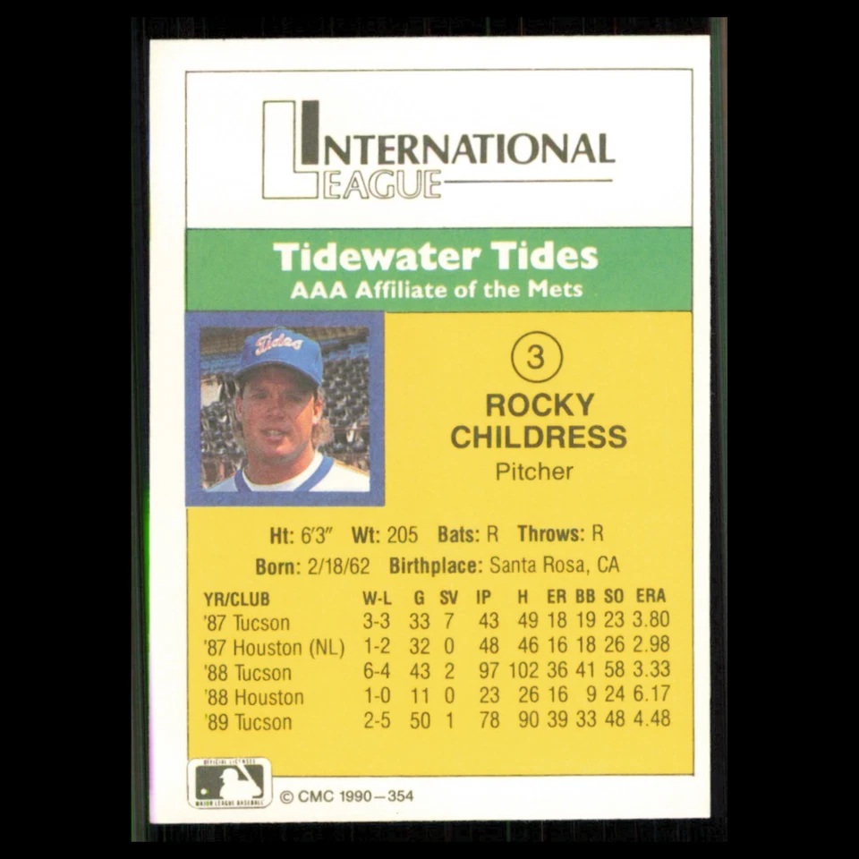 Rocky Childress #354 1990 CMC Minor League Tidewater Tides Baseball Card MLB NM - Image 2 of 3