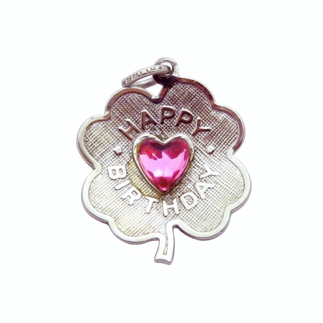 Vintage 1960s Sterling Silver Jeweled Happy Birthday 4 Leaf Clover Charm Pendant View 6