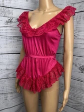 VTG Alana Gale Fuchsia Lace Ruffle Romper Teddy Lingerie Sissy M USA French Cut