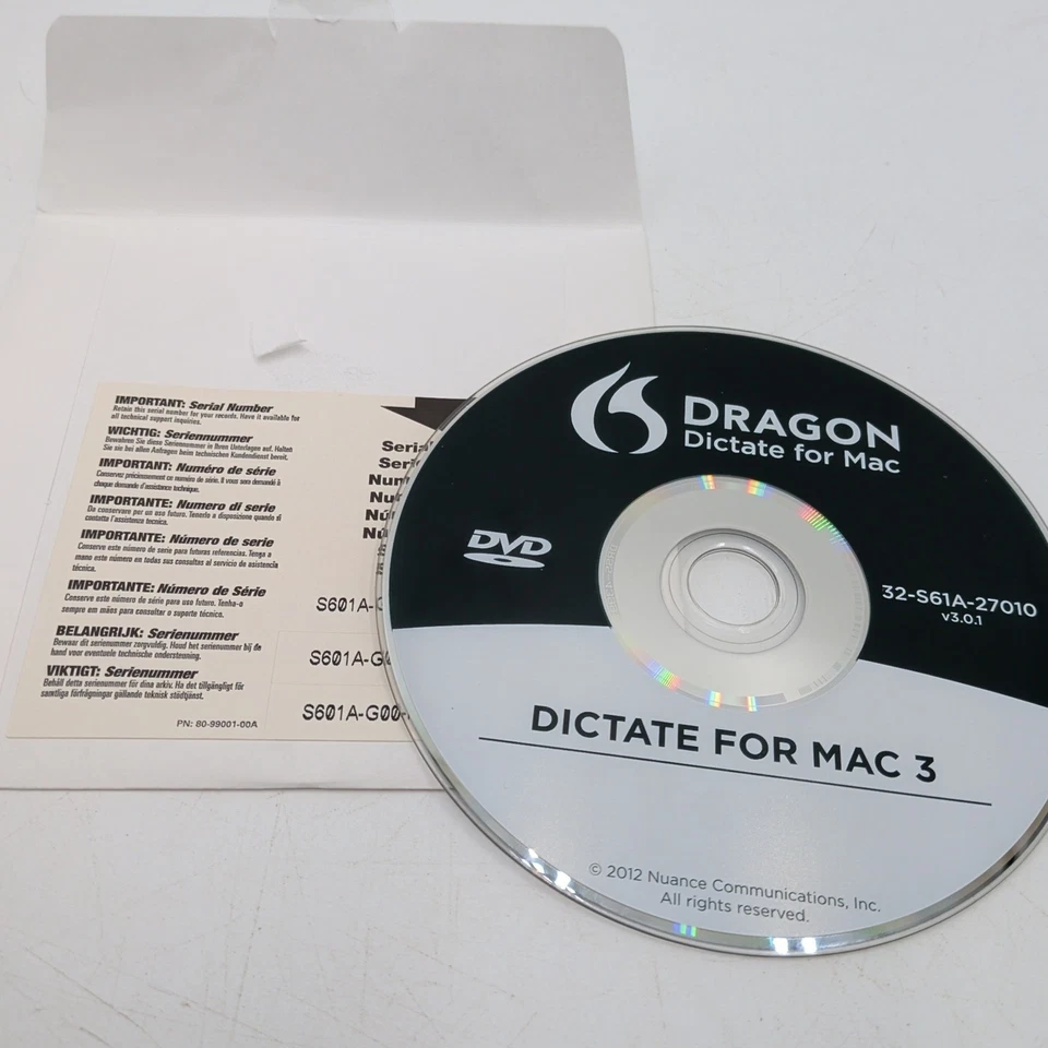 Nuance Dragon Dictate Version 3.0 for Mac CD w/ Serial Number Keys NO HEADSET - Image 2 of 2