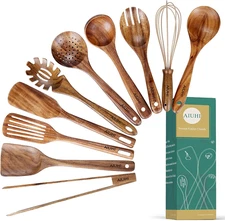 10 Pack Wooden Utensils for Cooking, Wood Utensil Set for Kitchen, Teak Wooden S