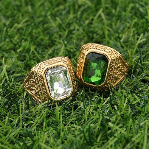 Mens Blue CZ Aquamarine Square Stone Ring Men Stainless Steel Jewelry Gold Ring - Picture 3 of 12