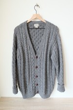 VINTAGE Mens LL Bean 100 Wool Cardigan Sweater Cable Knit Fisherman Large Reg.