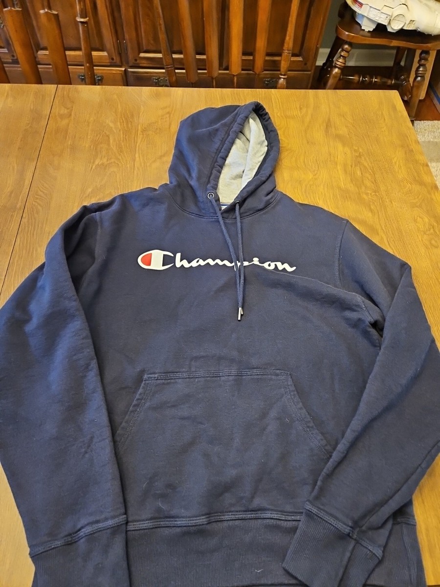 Champion Classic Heavyweight Hoodie Men Medium Spell Out Navy Blue