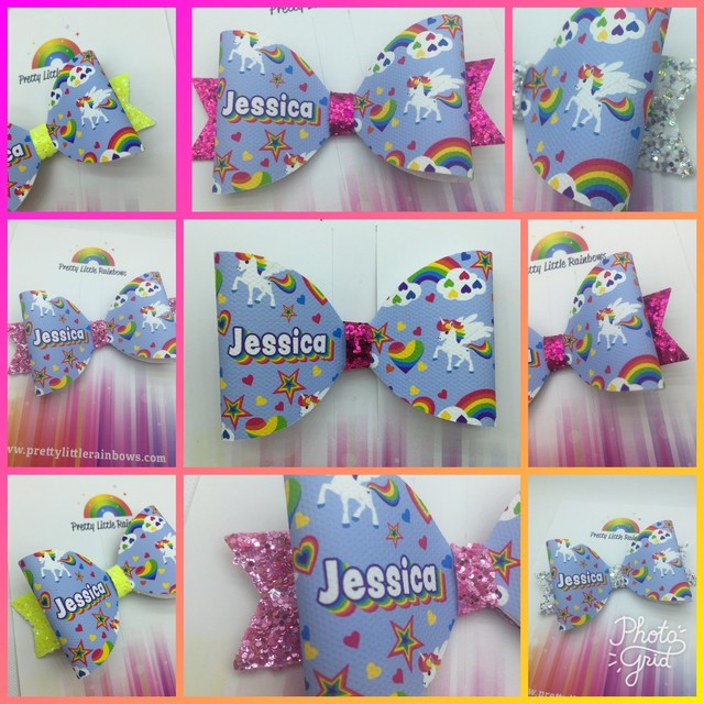 1 X Personalised Glitter Bow Unicorn Hair Bow with Pink Glitter ANY NAME