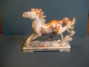 Antique Hand Carved Chinese Soapstone Running Horse On Carved Base 7 x 8” H
