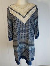 Kori Boho India Print Blue Dress Crochet Neckline M 40bust