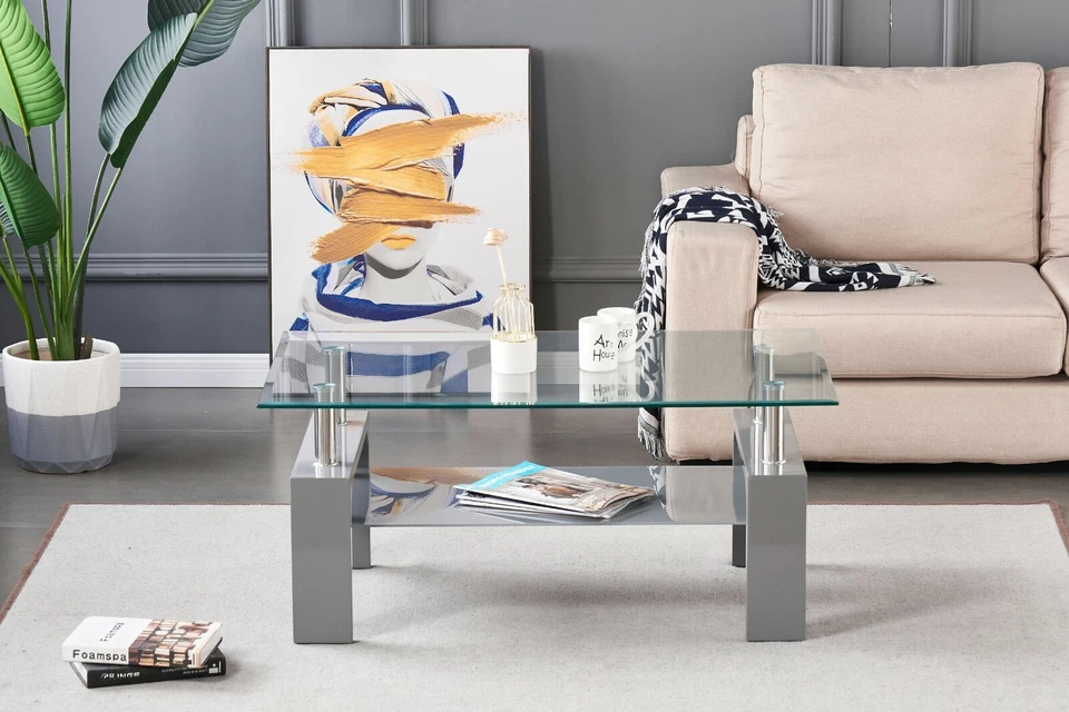 Coffee Table Clear Glass Top with Grey Shelf and Grey High Gloss Legs Modern - Image 2 of 4