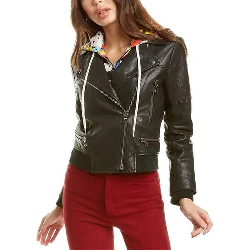 Alice + Olivia Friends With You X Avril Hooded Leather Black Jacket Size S NWT - Picture 4 of 7
