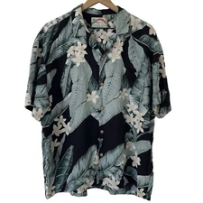 VTG Paradise Found Shirt L Hawaiian Tropical Floral Leaf Aloha Beachy Button Up