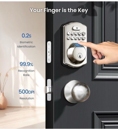 Veise KS02A Fingerprint Entry Deadbolt Door Lock | Satin Nickel - Picture 2 of 6