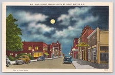 Vintage Linen Postcard Main Street at Night Sumter SC Colonial Studios