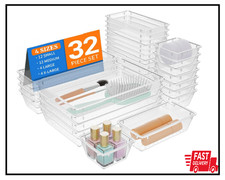 32 PCS Clear Plastic Drawer Organizer Set 4-Size vanity Trays and Storage Bins