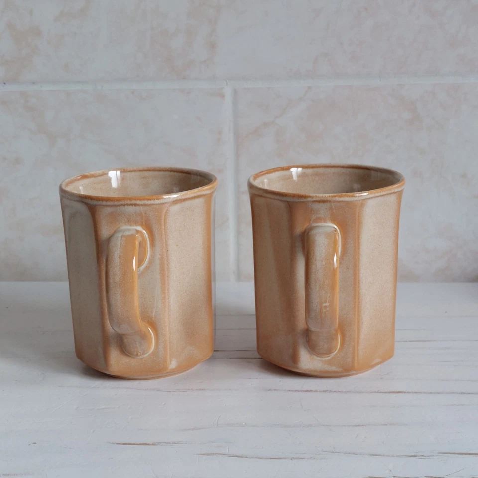 Studio Pottery Mug Cup X2 Brown Ceramic Octagonal H 9.5cm Glazed Rustic England - Image 2 of 4