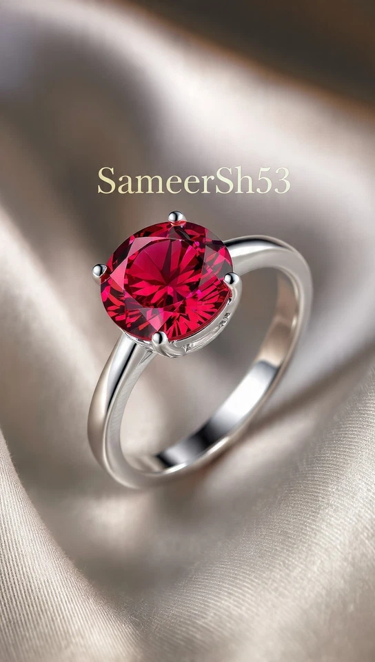 Anillo de plata de ley con diamantes rojos de corte redondo de 2 quilates | Con diseño Sameersh53 Foto 3 de 4
