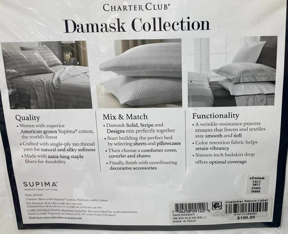 Falda Cama Charter Club Damasco Sólida 550 Hilos Algodón Supima King Marfil Nueva Foto 3 de 4